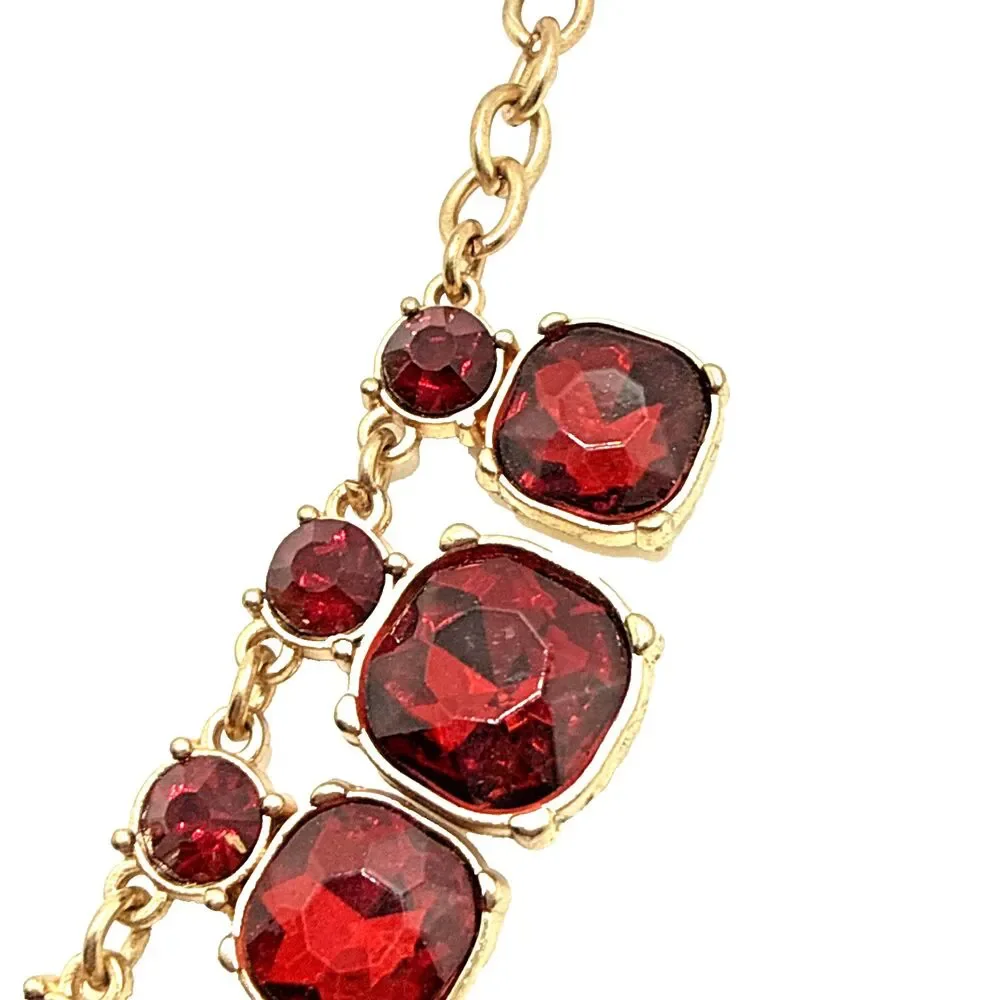 Vintage Red Crystal Rhinestone Statement Collar Necklace Gold Tone Statement 22”